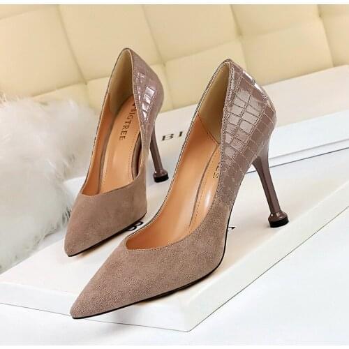 Occident Women Sexy Flock Splice Snake PU High Heel Pumps Shoes Ladies Shallow Pointed Toe Slip-On Party 9CM Thin Heels Shoes