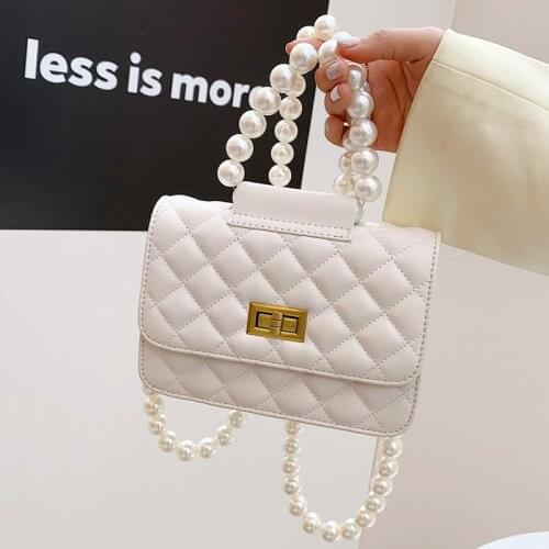 New Beaded Chain Crossbody Bag Women Brand Sewing Rhombic Grid Solid Color Handbag Small Square Shoulder Pouch Messenger Bags