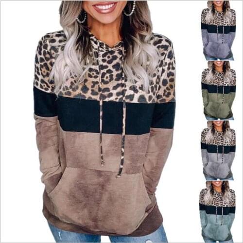Autumn Hoodies Women Fashion Leopard Splicing Print Sweatshirt Oversized Drawstring Long Sleeve Streetwear Women Clothes Hoodie
