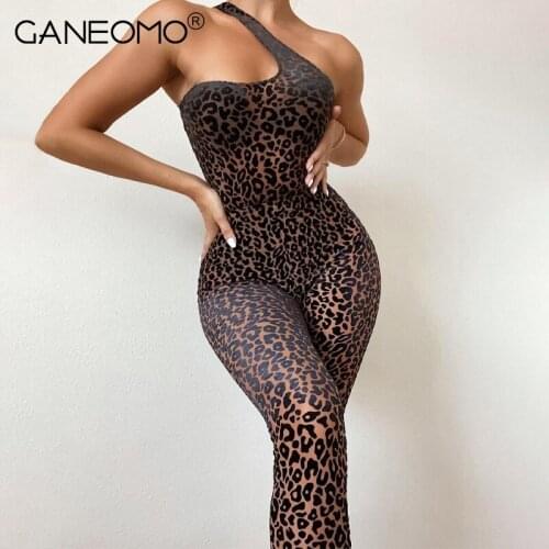 Mesh Jumpsuit Women One Shoulder Leopard Style Patchwork Bodysuit One Piece Clothing Sexy Clubwear Female Overall Romper Outfits