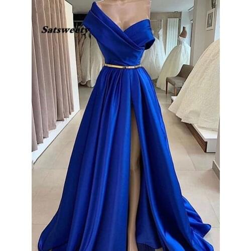Elegant One Shoulder Royal Blue Prom Dresses Long Robe De Soiree A-Line Satin Dubai Sexy High Slit Formal Evening Dress Party
