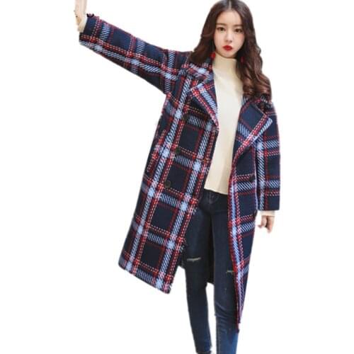 Women Autumn Winter New Thicken Warm Plaid Woolen Coat Adjustable Waist Overcoat Female Brand Casual Loose Plus Size Long Jacket