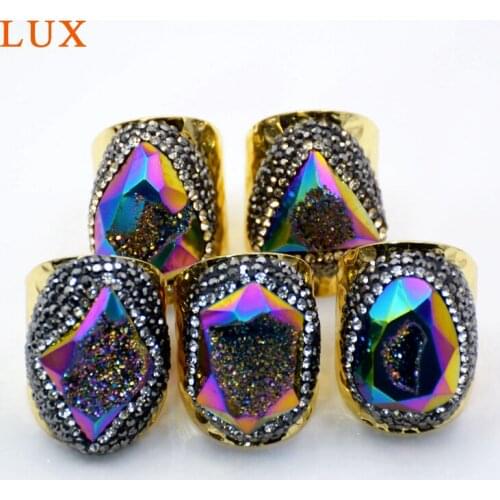 5pcs Gold Band Natural Agates Druzy Ring rainbow Gem stone Ring pave rhinestone Handmade Geode Jewelry Ring drusy supplier