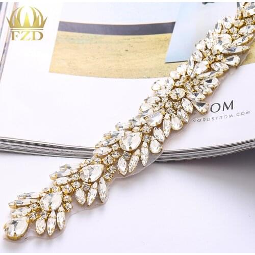 1PEIECE) Handmade Beaded Sew On Hot Fix Sliver Clear Bling Rhinestone Crystal Wedding Sash Applique for Bridal Belt Wristbands