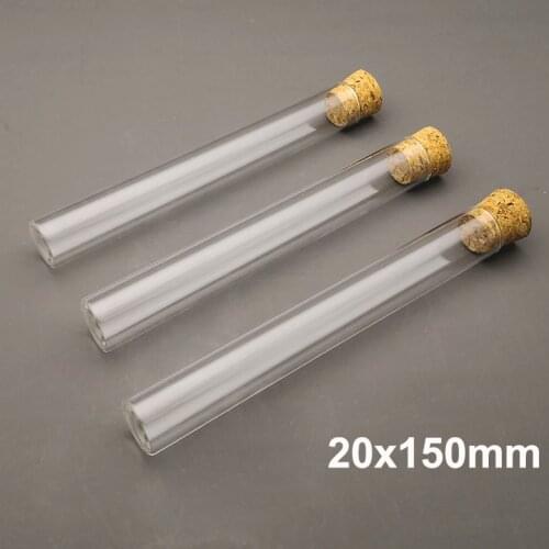 10pcs/lot 20x150mm Clear Glass Flat Bottom Test Tube with Cork Stopper, Lab Thickened Glass Reaction Vessel