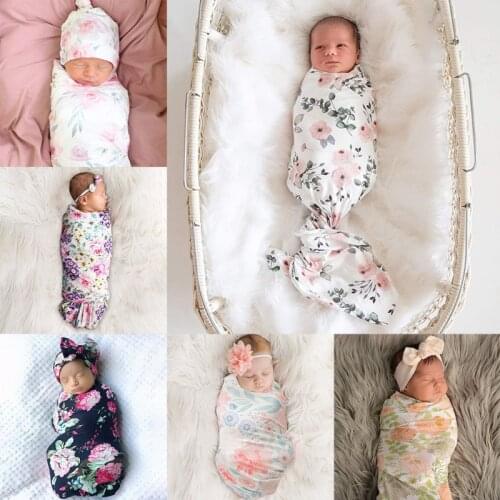 2 Pcs Newborn Floral Swaddle Wrap+ Headband Set Baby Cotton Receiving Blanket Sleeping Bag Hair Band Infants Boys Girls Shower G
