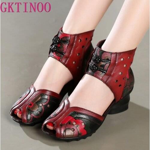 2020 Summer Women Shoes Thick With Heels Platform Genuine Leather Sandals Handmade Flower Cover Toes Comfortable Women Sandals