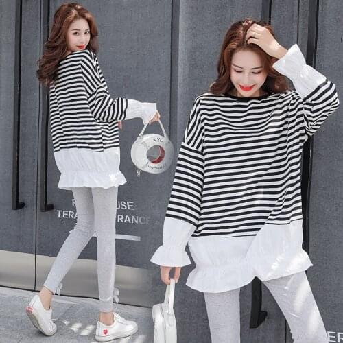 8451# Maternity Clothes Spring Autumn Long Sleeves O Neck Stripe Plus Size Loose Stylish Tops Pregnant Women Pregnancy Clothes