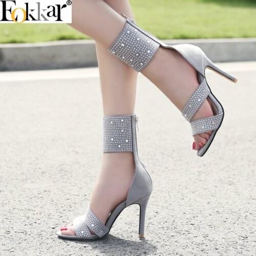 Eokkar 2019 Stilettos High Heel Gladiator Pumps Women Open Toe Zipper Thin Heels Black Party Wear Dress Shoes Big Size 34-45