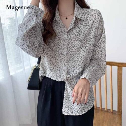 Korean Autumn Fashion Chic Floral Shirt Ladies Tops New Vintage Loose Womens Shirts Printed Long Sleeve Chiffon Blouse 11138
