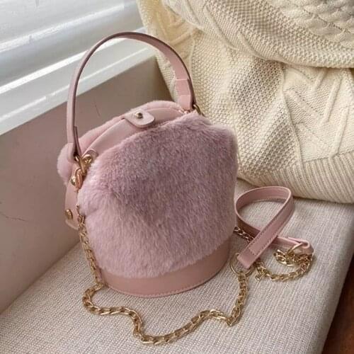 Faux Fur Small Luxury Brand Bucket Bags for Women Black Ladies Handbags and Purses 2020 Winter Chain Shoulder Messenger Bag
