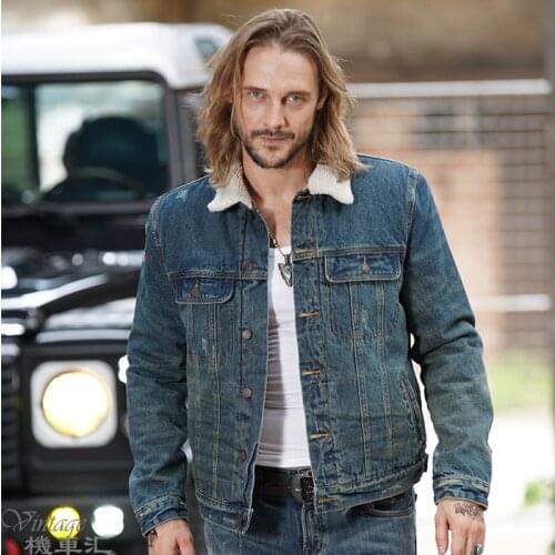 Mens Motorcycle Vintage Fleece Denim Trucker Jacket uglyBros Thunderbird Embroidered