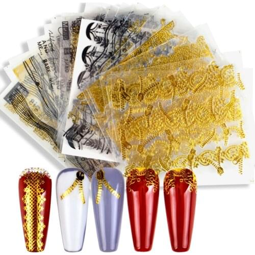 WUF Golden 3D Nail Art Adhesive Stickers Geometric Stripes Line Design Foils Sliders For Nails Decoration Decal Manicure