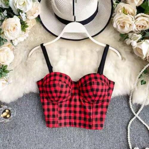 2021 New Womens Camisole Red Plaid Push Up Lingerie Bra Sexy Cropped Tops Female Base Underwear Y883