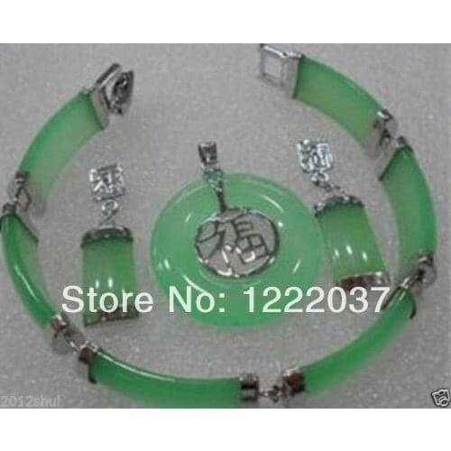 Wholesale Real China green stone silver color pendant bracelet earring set