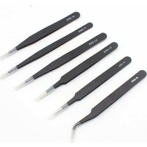 6 Pcs Anti-static ESD Stainless Steel Tweezers Maintenance Tools Industrial Precision Curved Straight Tweezers Repair Tools