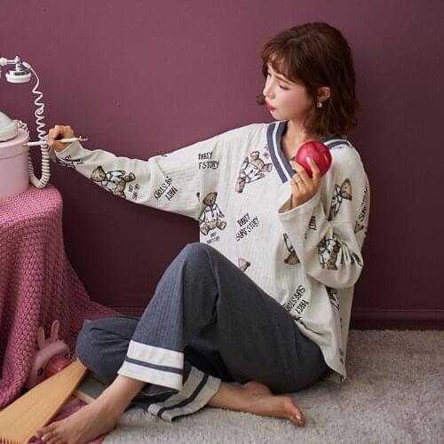 Pajamas Women Autumn Suit Long-sleeved Thin Style Cartoon Casual Korean Sweet and Cute Plus Size Cotton Homewear Girl Pajamas