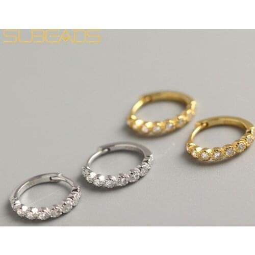 Subeads 100% Real 925 Sterling Silver Crystal Hoop Earrings For Women Girls Simple Round Ear Bone Clip Earrings Jewelry Gifts