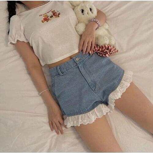 Shorts Women Summer Denim High-waist Solid Buttons All-match Ulzzang A-line Wide-leg Vintage Students Sweet Chic Fashion Y782