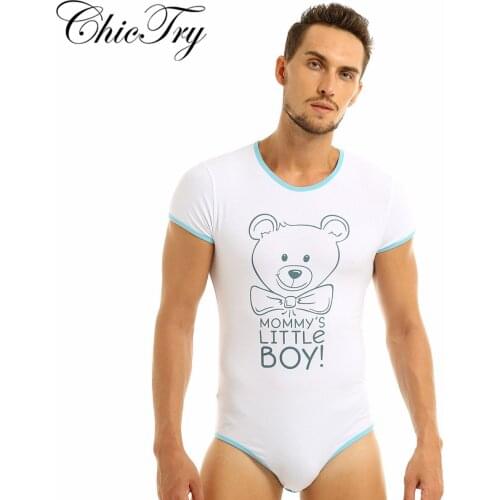 Sexy Male Mens One Piece Lingerie Bodysuit Round Neck Short Sleeves Press Button Crotch Front Printed Bodysuit Romper Pajamas