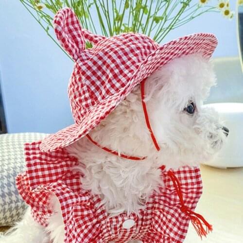 Summer Lovely Bear s Ear Pet Dog Hat Lattice Outdoor Dogs Caps For Small Dogs Cats Adjustable Puppy Kitten Hats Pet Accessories