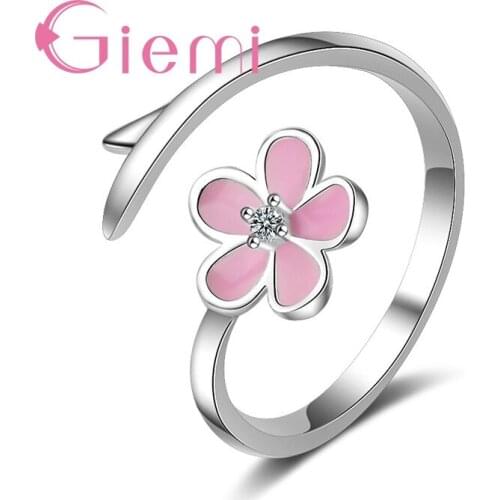 Top Quality Beautiful Pink Flowers Shape Opening Finger Rings Genuine 925 Sterling Silver For Women Ladies Jewelry Wholesale