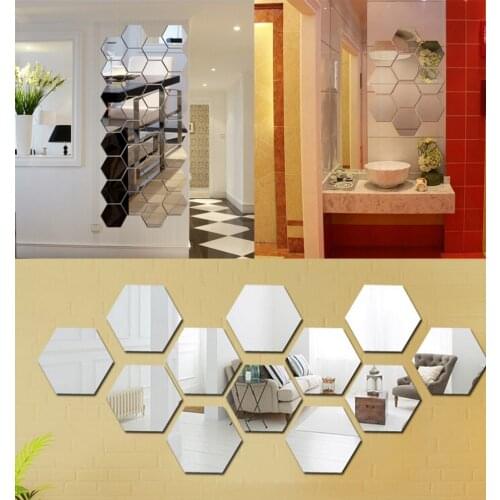 12 pcs/lot 3D Mirror Wall Sticker Hexagon DIY Home Decor Mirror Decor Stickers Art Wall Decoration Stickers Golden Silver