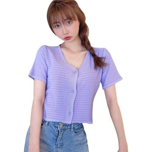 Women T Shirt Summer Candy Color Knitted Cardigan Tee Shirt Elegant French Retro V-neck Short Sleeve Casual T Shirt