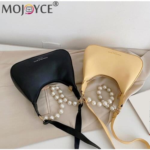Women Solid Color Bag PU Hobos Shoulder Underarm Retro Pearl Chain Small Purse New Collection All-match Subaxillary Tote
