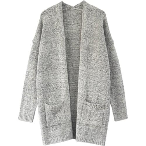 Women Long Sleeve Sweater Cardigan Open Front Gray Oversized Coat with Pockets