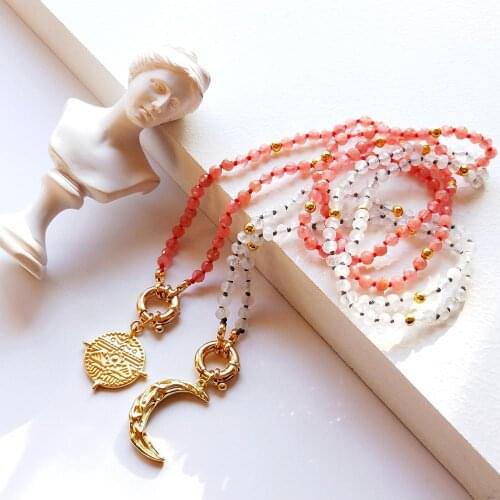 Lii Ji Gemstone 925 Sterling Silver Gold Plated Pendant Necklace Natural Moonston/Rhodochrosite Choker Jewelry For Women Girl