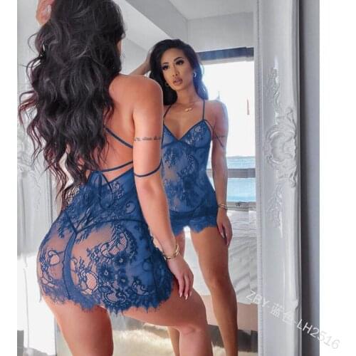 Women Lace Sexy Lingerie Set Perspective Halter Dress Thong Set Solid Color Bandage Exotic Underwear Ladies Sleepwear Nightdress