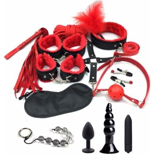 10/14pcs Bdsm Bondage Restraint Set Sex Handcuffs Whip Mouth Gag Rope Anal Beads Butt Plug Bullet Vibrator Sex Toys for Woman