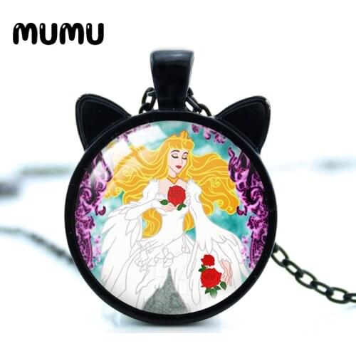 2021 New Sleeping Beauty Cat Ear Necklace Princess Glass Dome Pendant Round Photo Jewelry Gifts Girl