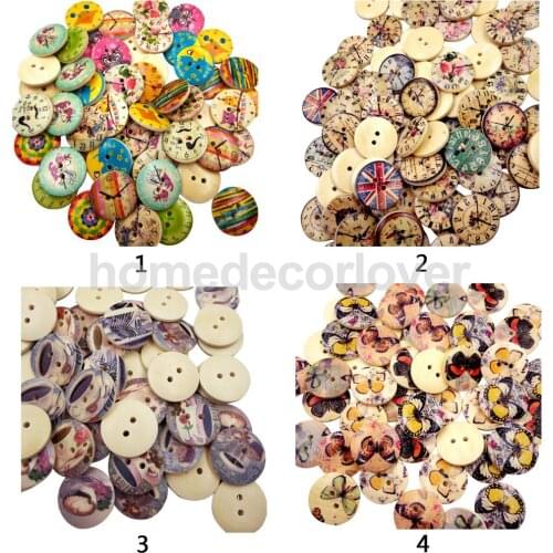 50Pcs Vintage Printed Decorative Round 2 Holes Wooden Buttons Sewing Buttons for Scrapbooking Crafting 20mm