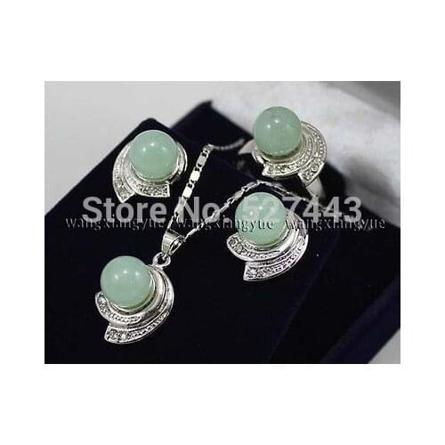 FREE SHIPPING>>@> FY&DR5685 Wholesale Green stone Earrings & Ring & Necklace Pendant Set Natural jewelry