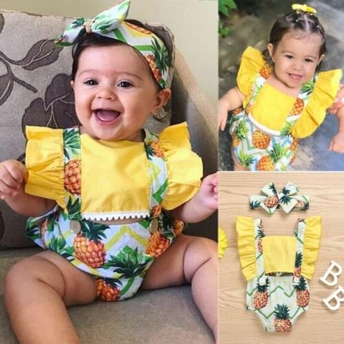 Newborn Kid Baby Girl Floral Bodysuits Clothes Ruffles Short Sleeve Lemon Print Jumpsuit 2Pcs Outfit Set