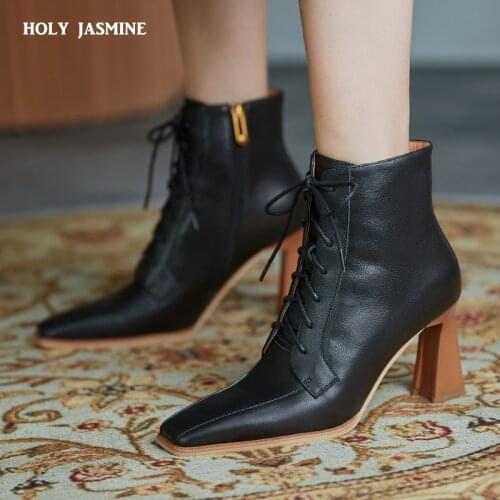 Boots Women Genuine Leather Ankle Boots 2021 Square Toe Boots Rubber Riding Women Shoes Ladies Thick High Heel Lace Autumn Boots