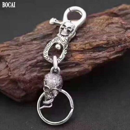 2021 Trendy Personality Real S925 Silver Car Keychain Punk Fashion Original Skull Hanging Chain