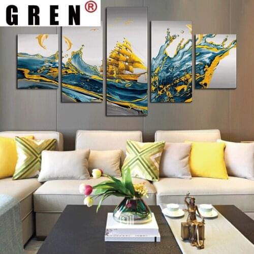 GREN 5 Pieces Luxury Golden Ship Art Painting on Canvas Prints Modern Decor Posters for Living Room Bedroom Home Decor Unframed