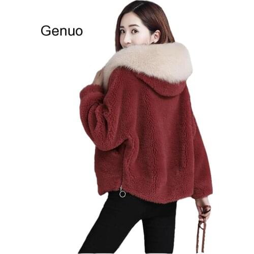 Granule Cashmere Coat Female Short Fur Sheep Shearing Coats Hooded Lamb Fur Tops Imitation Fox Fur Collar Winter Jacket Womens