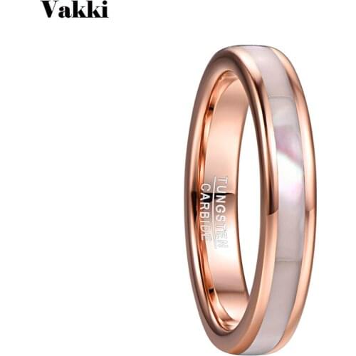 VAKKI 4mm Tungsten Carbide Ring Womens Rose Gold Tungsten Steel Ring with Mother of Pearl Shell Comfort Fit Size 5-10