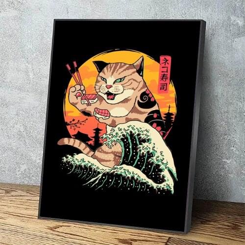 Modular Canvas HD Prints Cartoon Pictures Wall Art Cat Eating Sushi Paintings Home Decor Posters For Living Room No Framework