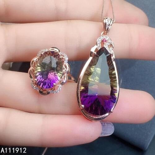 KJJEAXCMY fine jewelry Ametrine 925 sterling silver women gemstone pendant necklace chain ring set fashion
