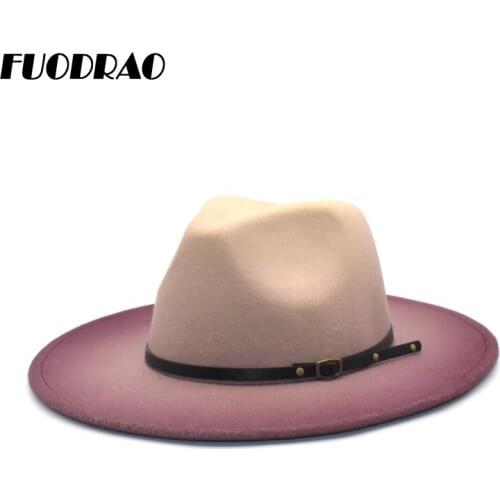 FUODRAO 2020 New Tie dye Fedora Hat Winter Women Wool Panama Large Brim Cowboy Jazz Cap Men British Vintage Bowler Hats D14