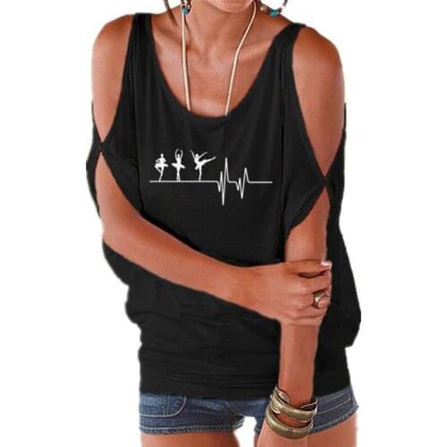 New Summer Love Ballet T Shirts Short Sleeve Woman Dance T Shirt Top Female Girl T-shirt Sexy Off Shoulder Batwing Lace up Tee