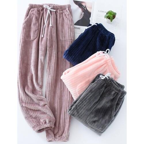 Sleepwear Women Pajama Pants Winter Flannel Thick Warm Home Pyjama Sleep Pants Striped Cozy Couple Night Pants Trousers Lounge