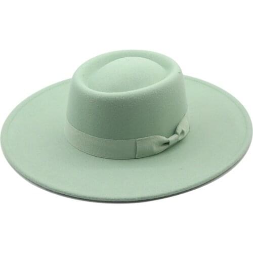 Solid Color Autumn Winter Fashion Wool Simple Fashion Round Flat Top Vintage Wide Fedoras Hats For Women Wide Brim Chain Ribbon