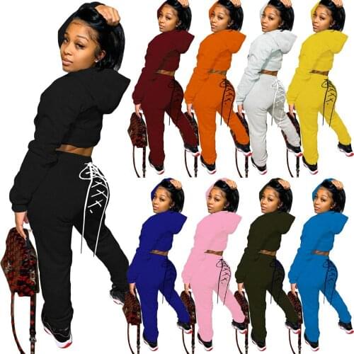 Solid Black Two Piece Set Hoodies WomenS Set Tracksuit Long Sleeve Sweatshirts Hip Lace Up Pants Set Suits Casual Outfits