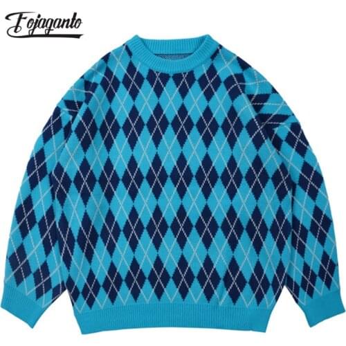 FOJAGANTO Autumn Mens Plaid Sweaters Korean Vintage Jacquard Couple Pullover Street Harajuku Casual Loose Knit Sweater Male